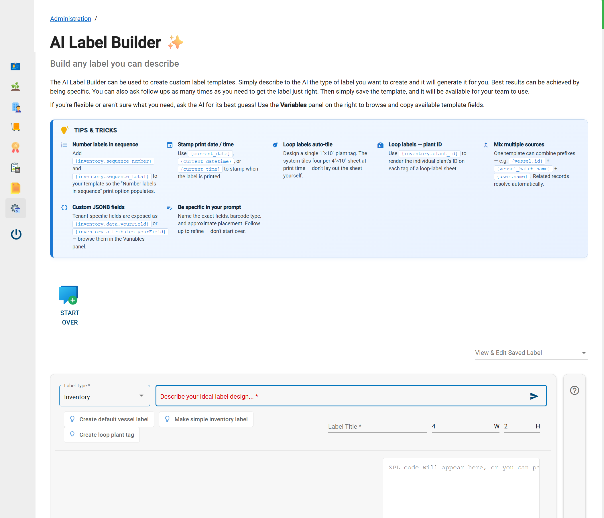 AI label builder screen in GrowerIQ showing the describe-your-label prompt, quick-start templates, and live ZPL preview