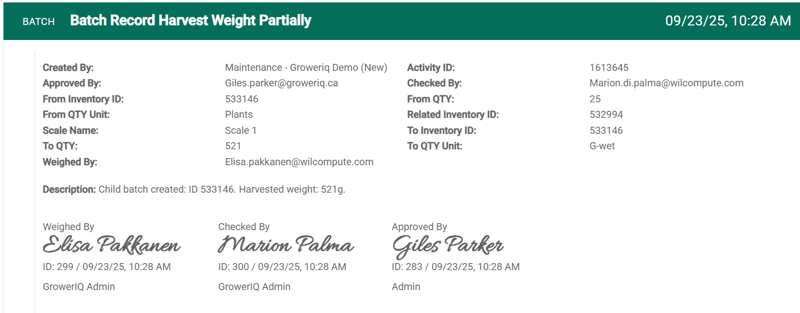 CFR Part 11 digital signatures on a GrowerIQ batch record activity showing weighed, checked, and approved e-signatures with user ID, timestamp, and role