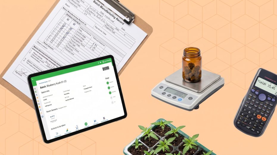 Batch manufacturing record - paper BMR form, GrowerIQ tablet, scale and yield calculation
