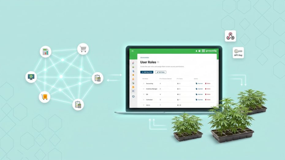 Connected cannabis tech stack: GrowerIQ dashboard synced with accounting, e-commerce, inventory and compliance systems via API and webhooks