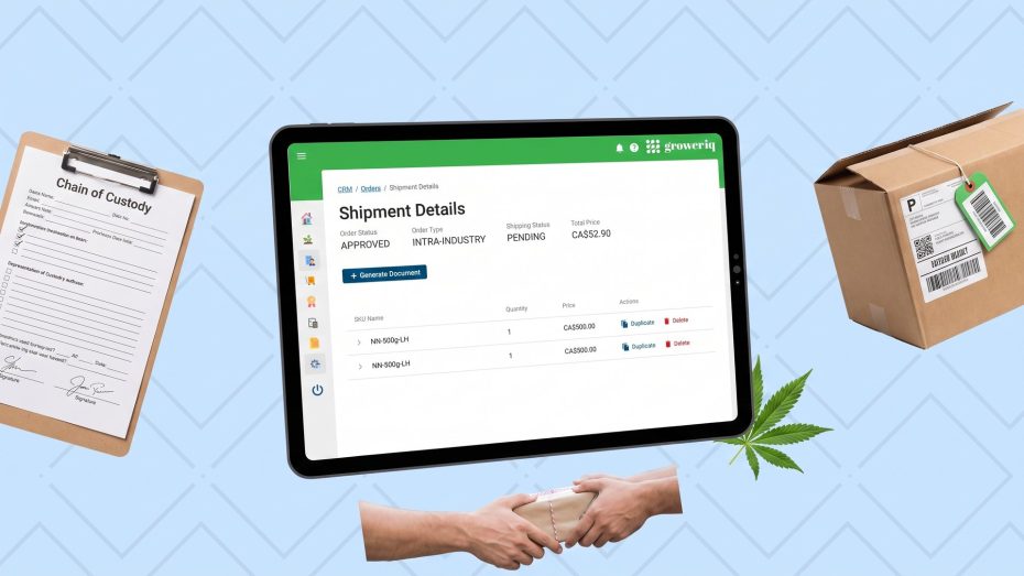 Chain of custody form generation for cannabis shipments - GrowerIQ shipment details with generate document button