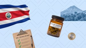 Costa Rica cannabis regulation under Ley 10.113 - flag, MAG and Ministry of Health clipboard, medical cannabis jar, Arenal Volcano