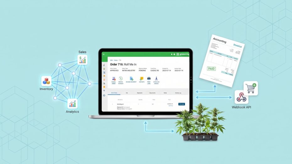 Cannabis software integrations: GrowerIQ connecting inventory, sales, analytics, accounting and e-commerce via open API and webhooks