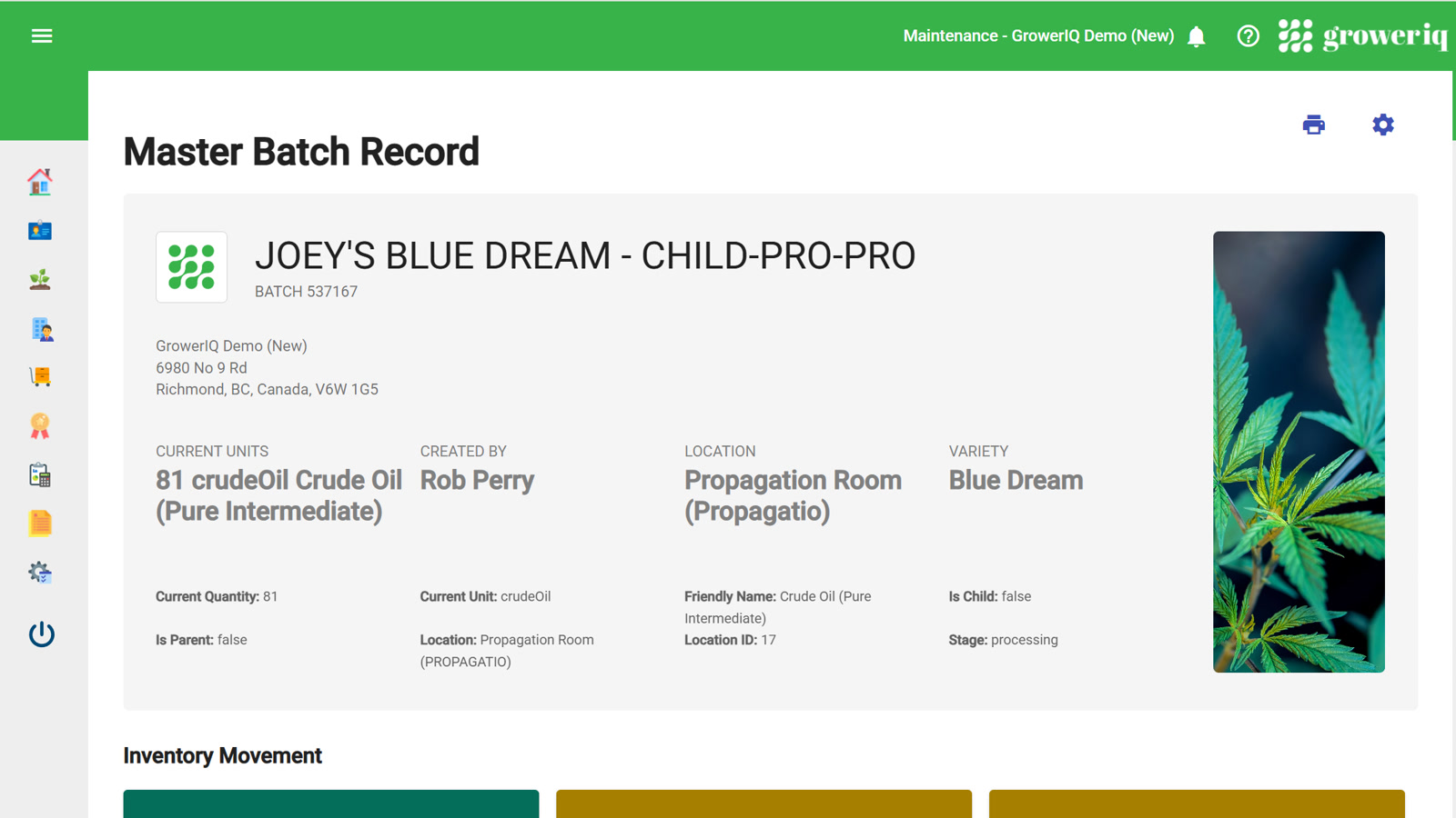 GrowerIQ Master Batch Record: batch header, inventory movement and activity history