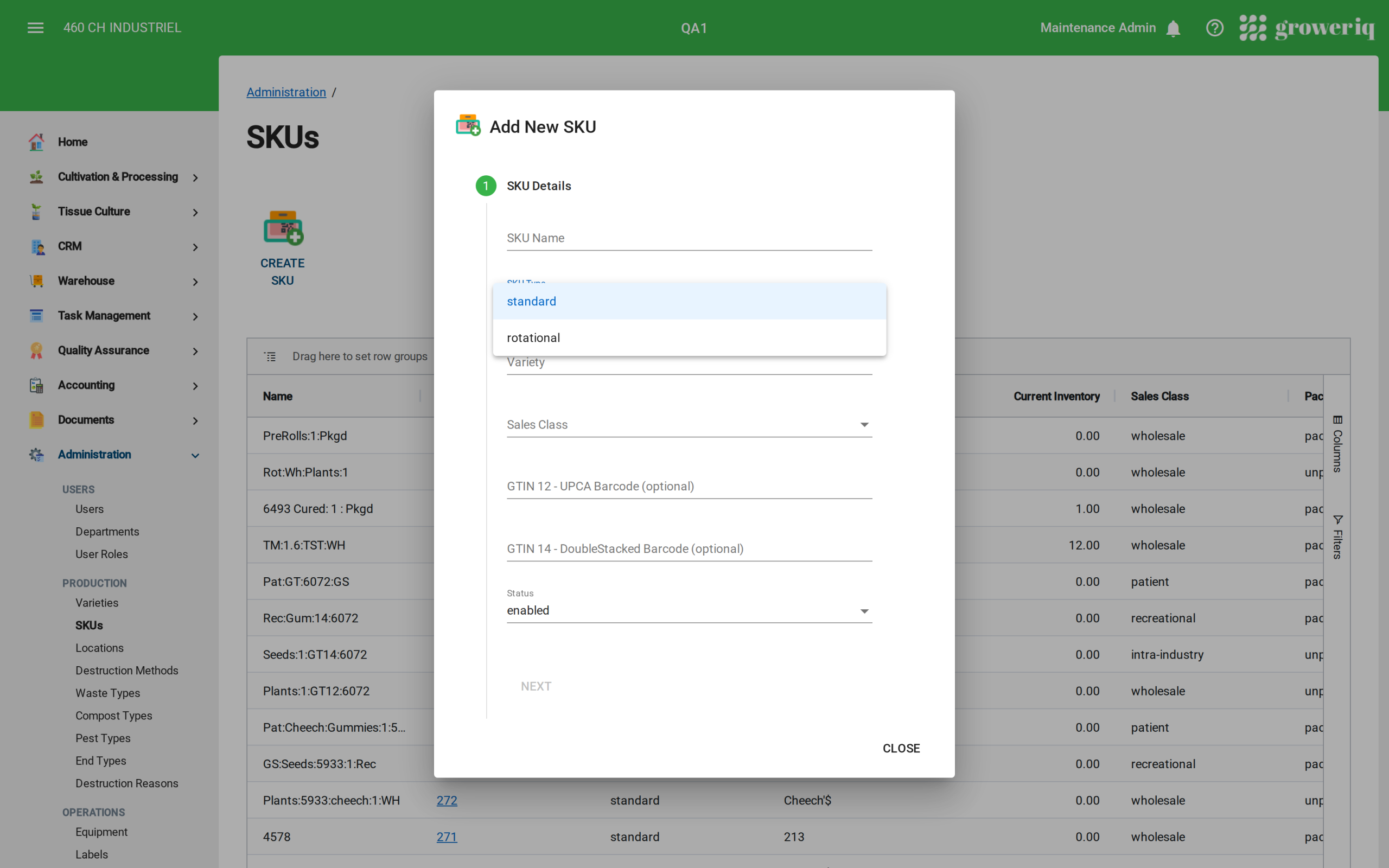 Choosing the Rotational SKU type when creating a SKU