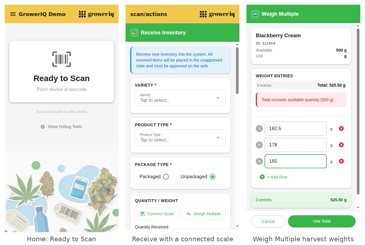 The GrowerIQ Mobile Scanner: home screen, receiving with a connected scale, and capturing multiple harvest weights