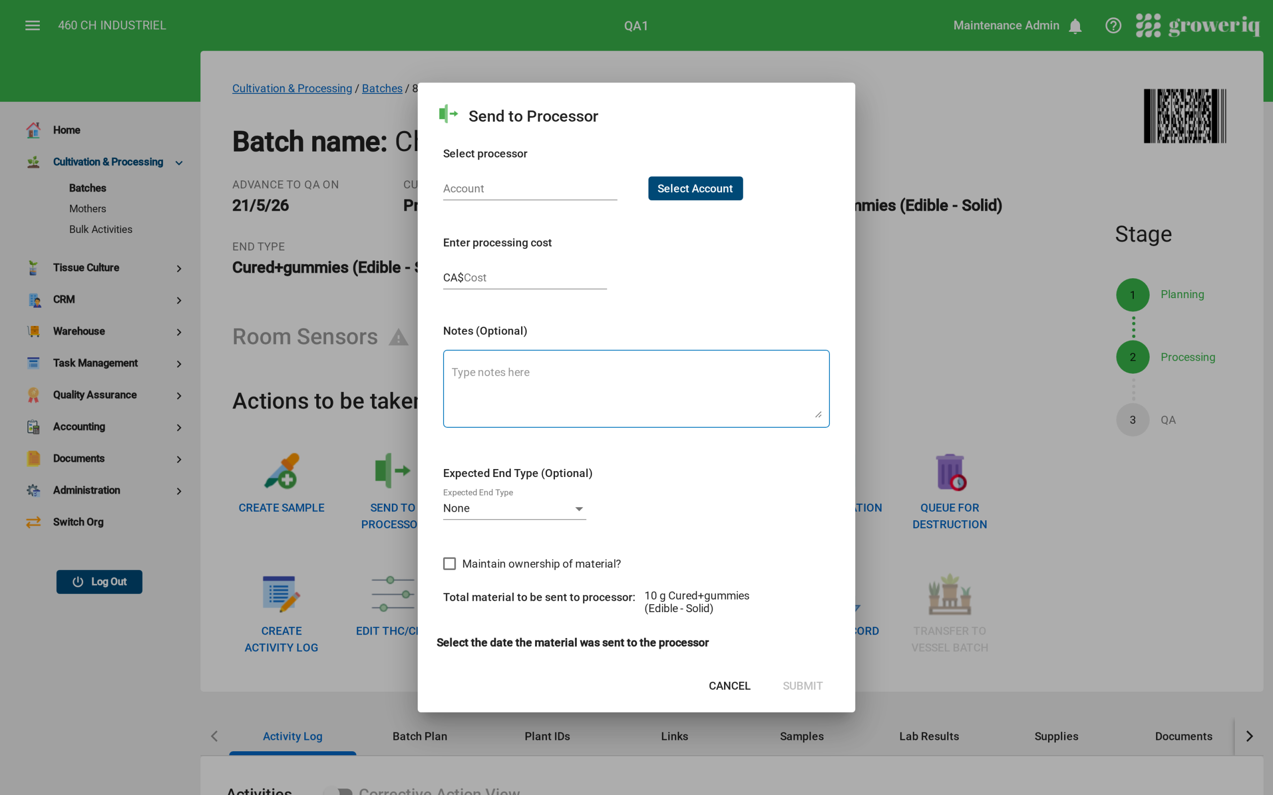 Send to Processor dialog on a batch