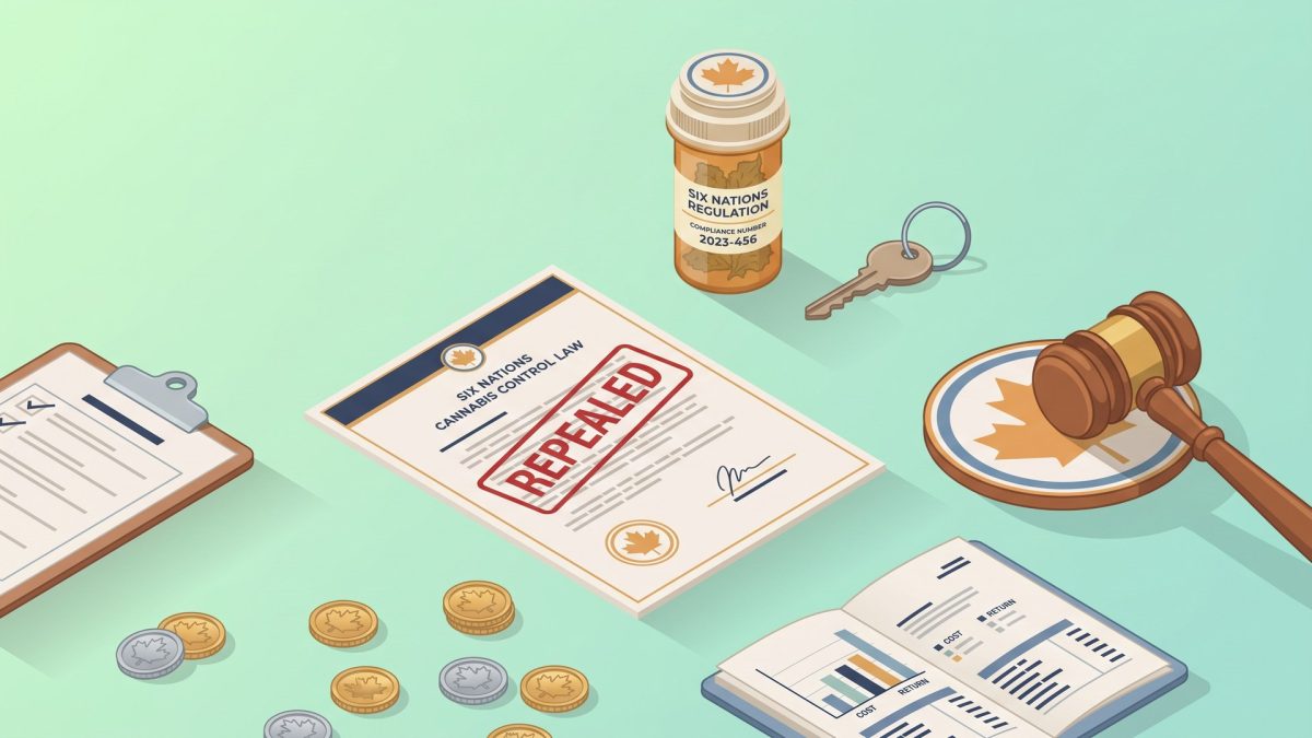Six Nations cannabis control law repeal document with a repealed stamp and compliance audit items