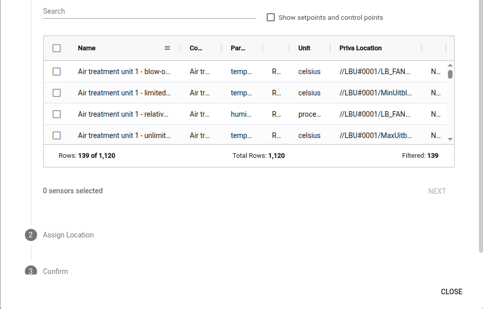 The Add Sensors from Priva dialog listing reporting climate datapoints