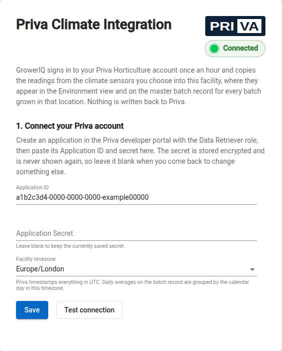 Priva Settings tab with credentials entered and a green Connected status light