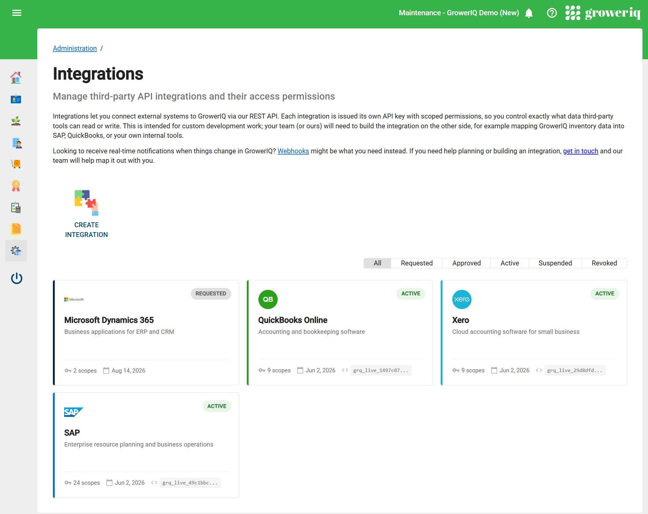 GrowerIQ Integrations administration screen showing SAP, QuickBooks Online, Xero and Microsoft Dynamics 365 integrations with scoped API keys and status