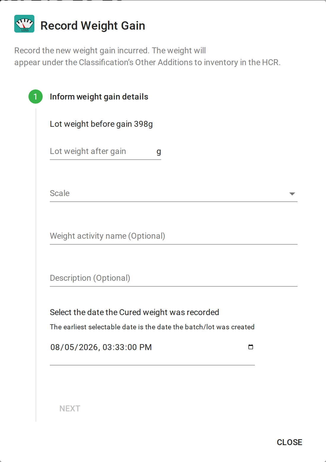 The Record Weight Gain dialog, showing weight, scale, description, and date fields