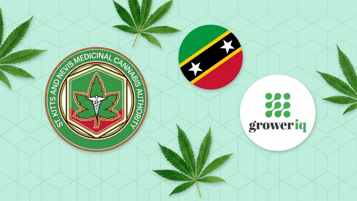 Saint Kitts and Nevis Medicinal Cannabis Authority seal, the national flag and the GrowerIQ logo, marking the Authority's selection of GrowerIQ for national cannabis traceability from seed to bank