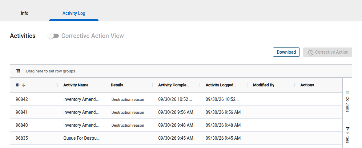 Activity Log tab of a destruction material showing Inventory Amend Destruction Reason entries above the original Queue For Destruction entry