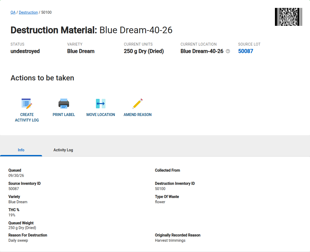 Destruction material page with the Amend Reason button under Actions to be taken, and the Info tab showing the current reason and the originally recorded reason