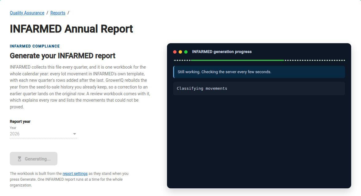INFARMED Annual Report page while a report is generating, with the year locked, the Generating... button and the progress panel