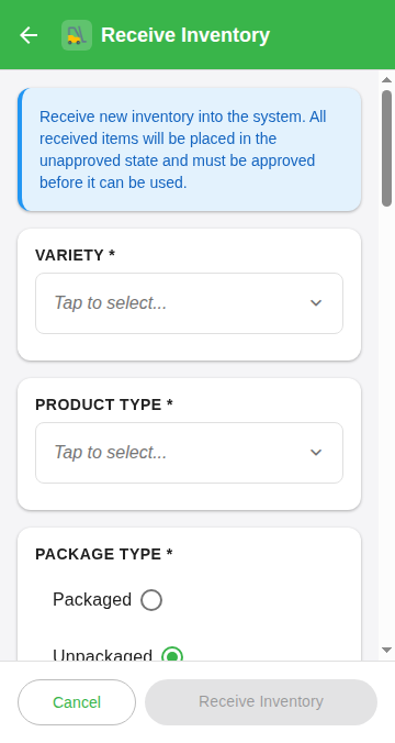 Receive Inventory form on the GrowerIQ Mobile Scanner