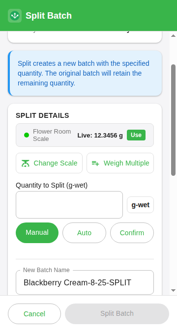 Connected scale with a green dot, a Live reading, the Use button and the Manual, Auto and Confirm buttons