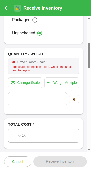 Red dot and the message The scale connection failed under the scale name