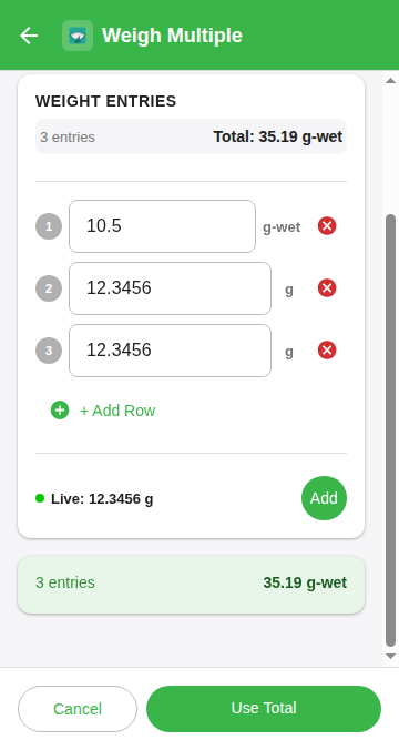 Weigh Multiple screen with one typed row, two rows added from the scale, the live reading with Add, and the total